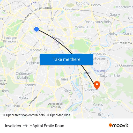 Invalides to Hôpital Émile Roux map