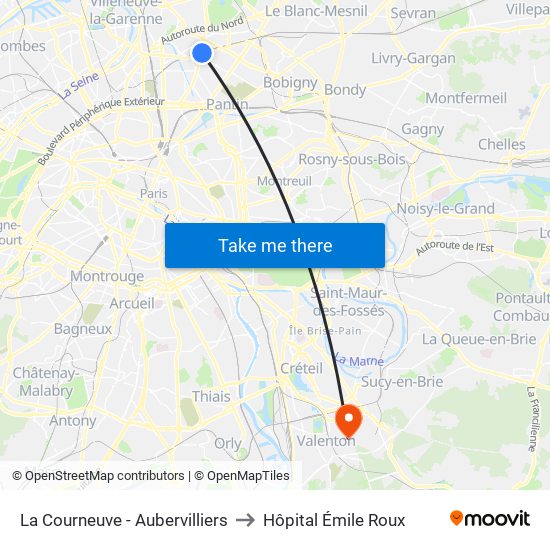 La Courneuve - Aubervilliers to Hôpital Émile Roux map