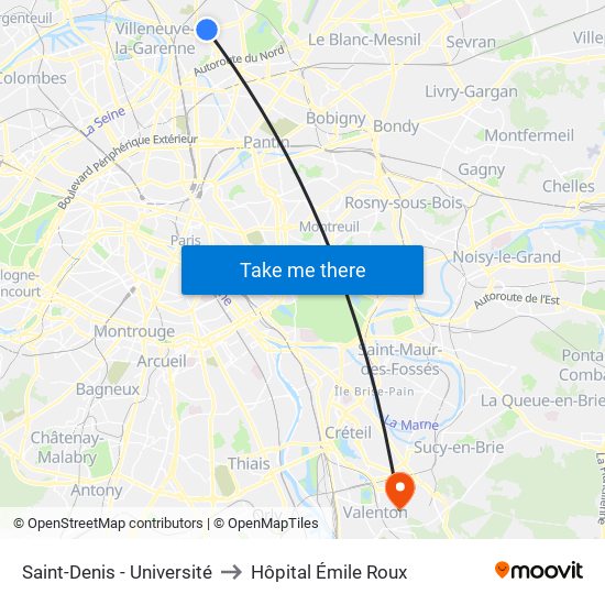 Saint-Denis - Université to Hôpital Émile Roux map
