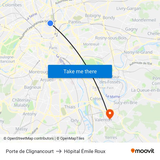 Porte de Clignancourt to Hôpital Émile Roux map