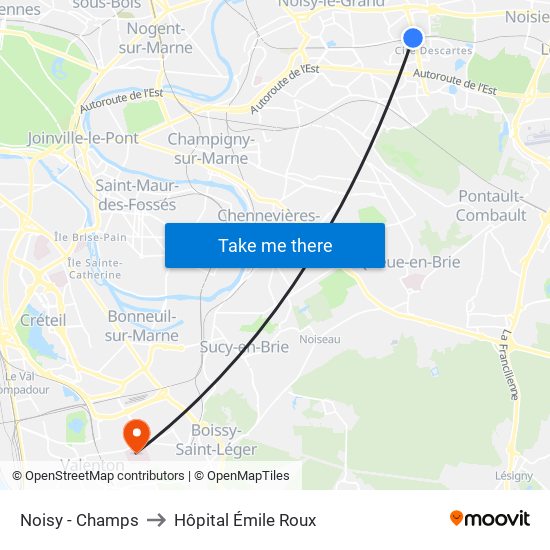 Noisy - Champs to Hôpital Émile Roux map