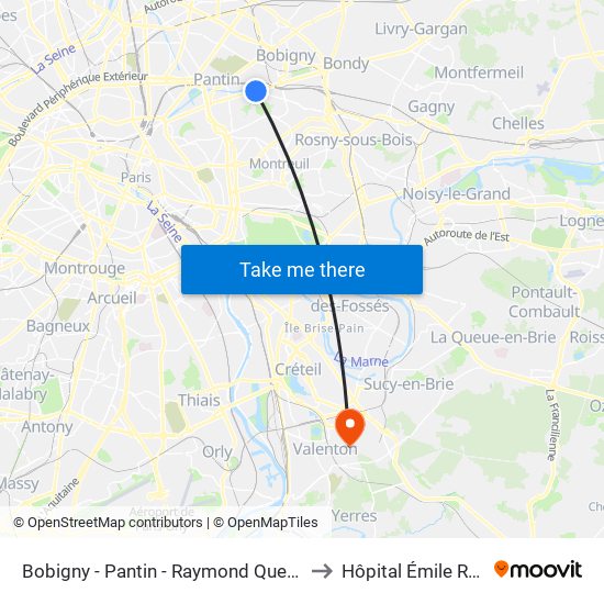 Bobigny - Pantin - Raymond Queneau to Hôpital Émile Roux map