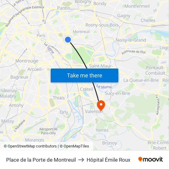 Place de la Porte de Montreuil to Hôpital Émile Roux map