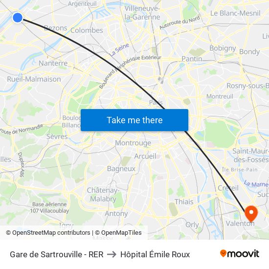 Gare de Sartrouville - RER to Hôpital Émile Roux map