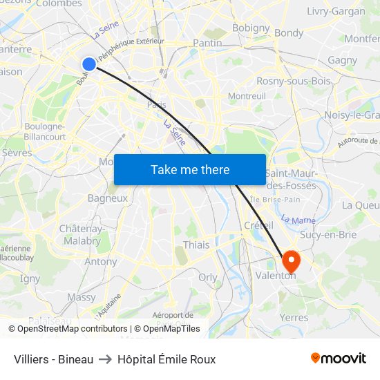 Villiers - Bineau to Hôpital Émile Roux map