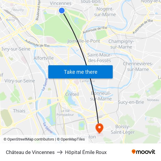 Château de Vincennes to Hôpital Émile Roux map