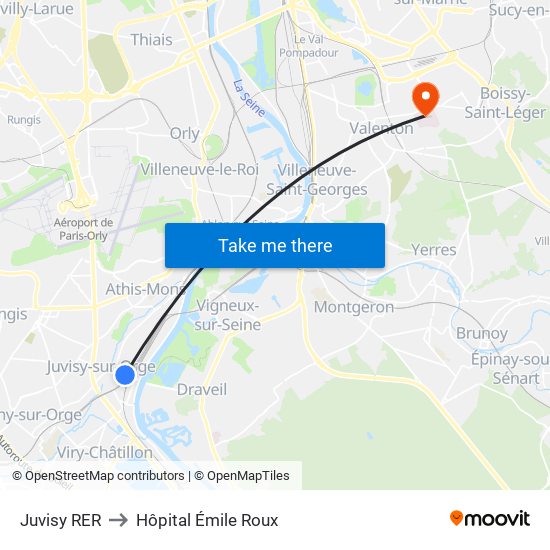 Juvisy RER to Hôpital Émile Roux map