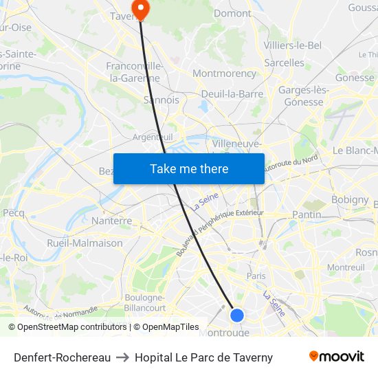Denfert-Rochereau to Hopital Le Parc de Taverny map