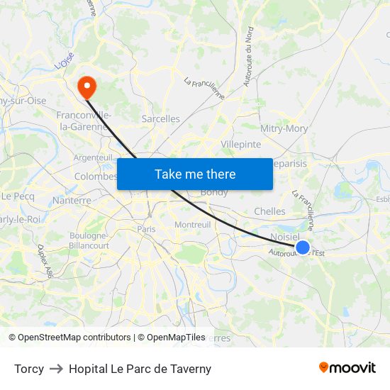Torcy to Hopital Le Parc de Taverny map
