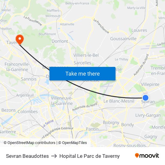 Sevran Beaudottes to Hopital Le Parc de Taverny map