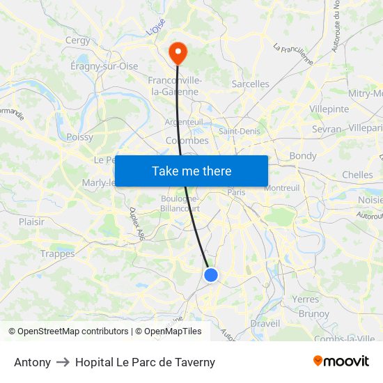 Antony to Hopital Le Parc de Taverny map