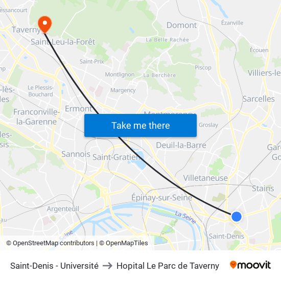 Saint-Denis - Université to Hopital Le Parc de Taverny map