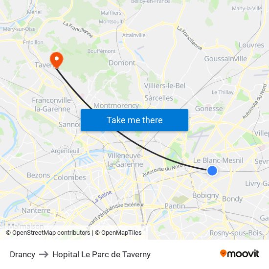 Drancy to Hopital Le Parc de Taverny map