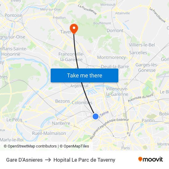 Gare D'Asnieres to Hopital Le Parc de Taverny map