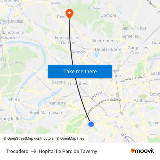 Trocadéro to Hopital Le Parc de Taverny map