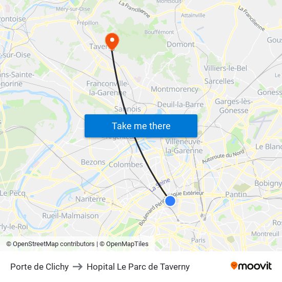 Porte de Clichy to Hopital Le Parc de Taverny map