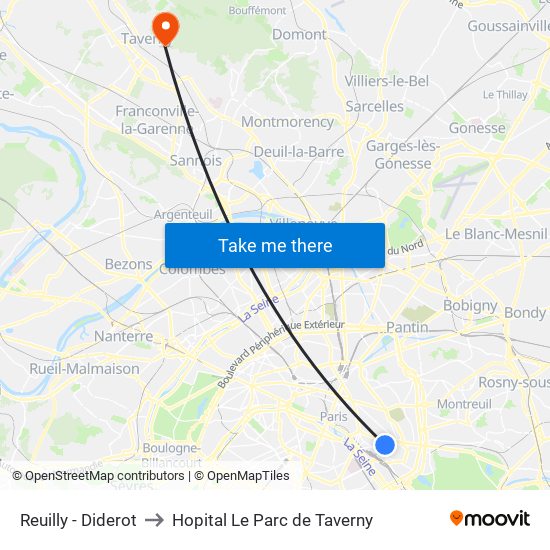 Reuilly - Diderot to Hopital Le Parc de Taverny map