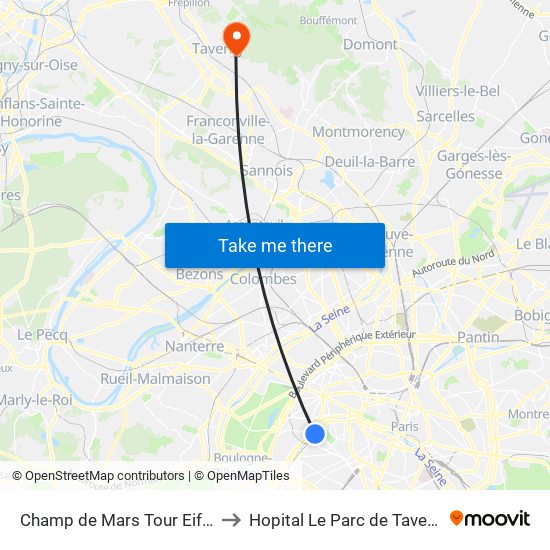 Champ de Mars Tour Eiffel to Hopital Le Parc de Taverny map