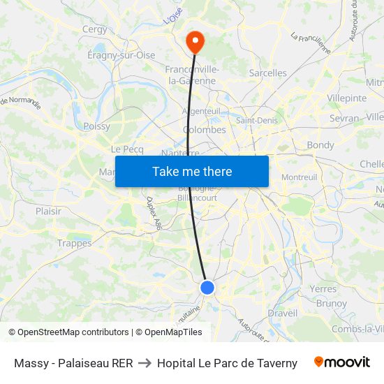 Massy - Palaiseau RER to Hopital Le Parc de Taverny map