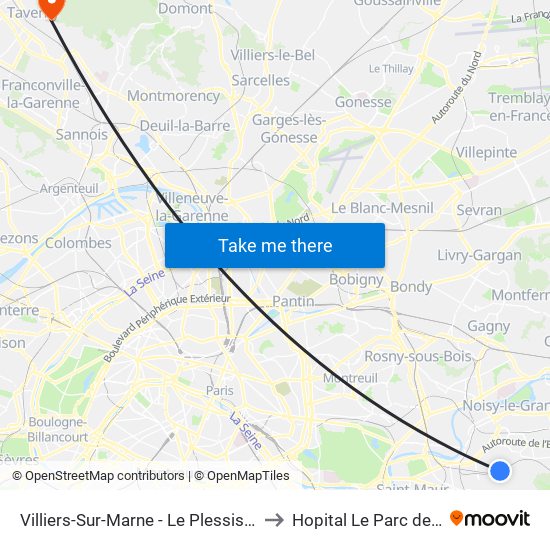 Villiers-Sur-Marne - Le Plessis-Trévise RER to Hopital Le Parc de Taverny map