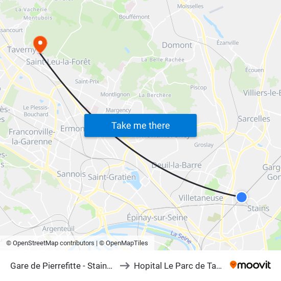 Gare de Pierrefitte - Stains RER to Hopital Le Parc de Taverny map