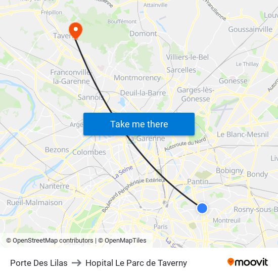 Porte Des Lilas to Hopital Le Parc de Taverny map