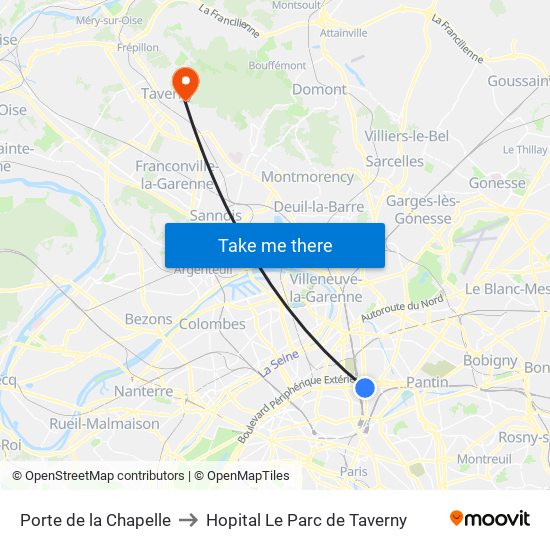 Porte de la Chapelle to Hopital Le Parc de Taverny map