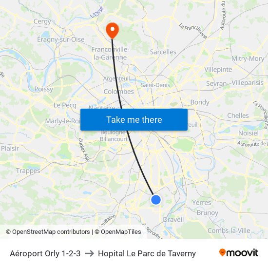 Aéroport Orly 1-2-3 to Hopital Le Parc de Taverny map