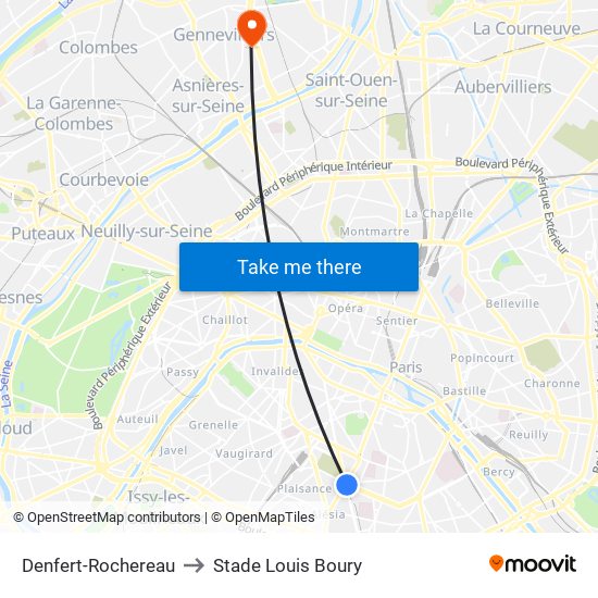 Denfert-Rochereau to Stade Louis Boury map