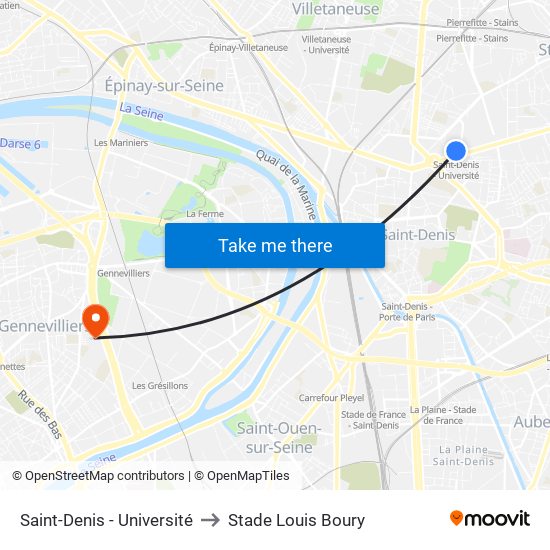Saint-Denis - Université to Stade Louis Boury map