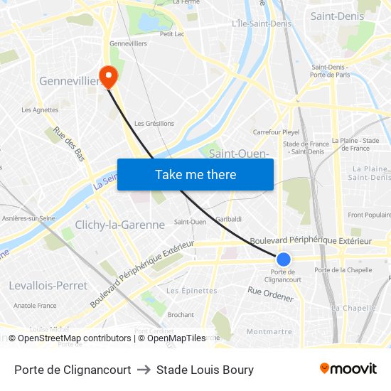 Porte de Clignancourt to Stade Louis Boury map