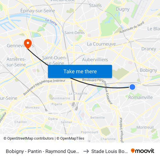 Bobigny - Pantin - Raymond Queneau to Stade Louis Boury map