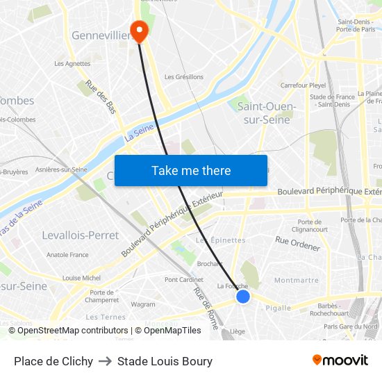 Place de Clichy to Stade Louis Boury map