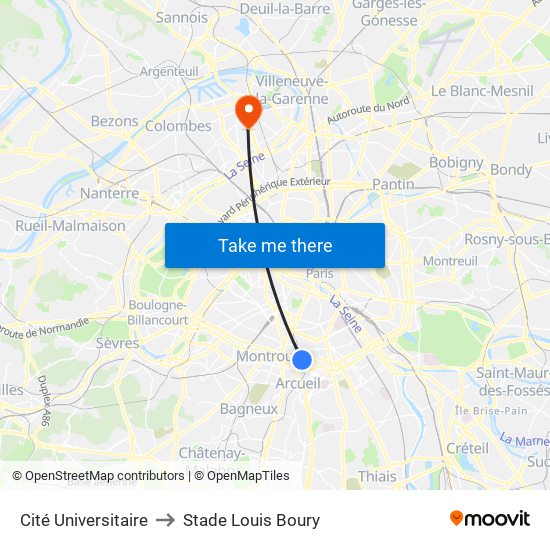 Cité Universitaire to Stade Louis Boury map