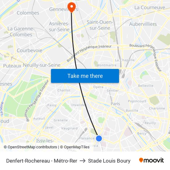 Denfert-Rochereau - Métro-Rer to Stade Louis Boury map