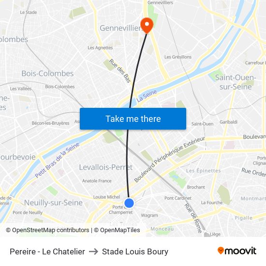 Pereire - Le Chatelier to Stade Louis Boury map