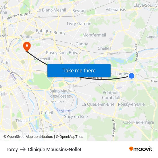 Torcy to Clinique Maussins-Nollet map