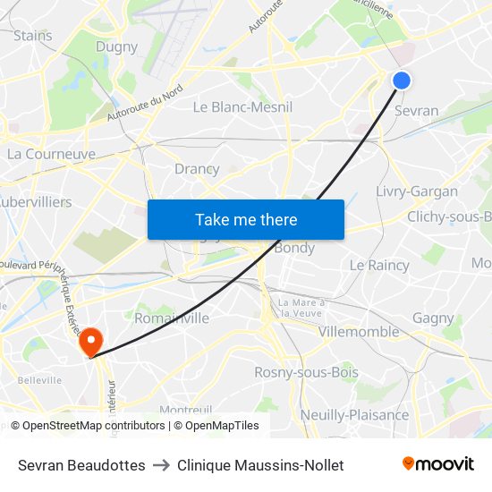 Sevran Beaudottes to Clinique Maussins-Nollet map