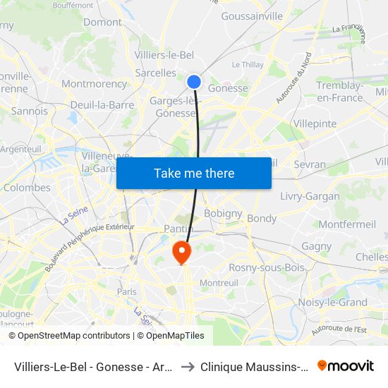 Villiers-Le-Bel - Gonesse - Arnouville to Clinique Maussins-Nollet map