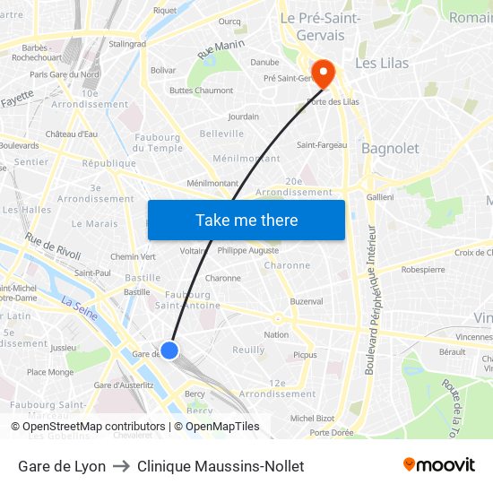 Gare de Lyon to Clinique Maussins-Nollet map