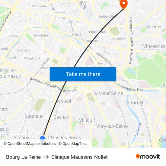 Bourg-La-Reine to Clinique Maussins-Nollet map