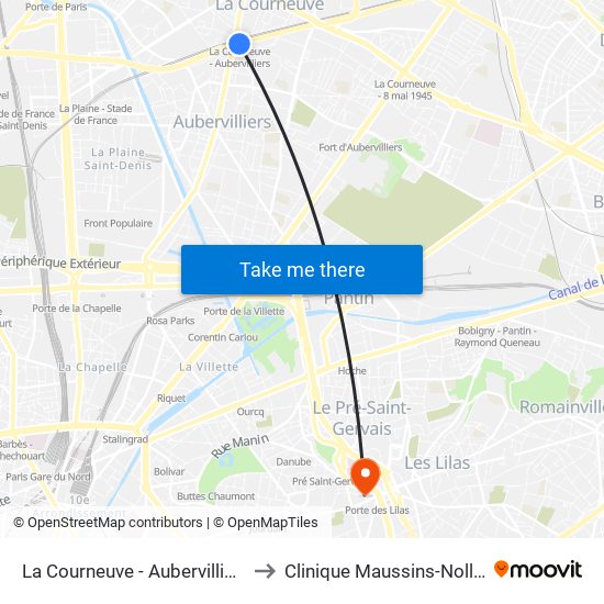 La Courneuve - Aubervilliers to Clinique Maussins-Nollet map