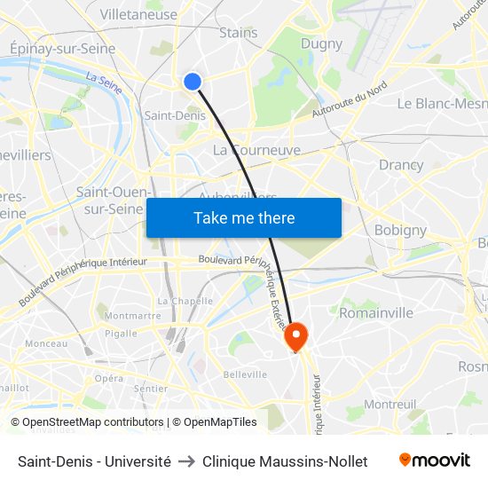 Saint-Denis - Université to Clinique Maussins-Nollet map