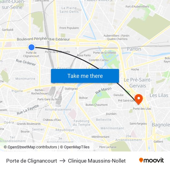 Porte de Clignancourt to Clinique Maussins-Nollet map
