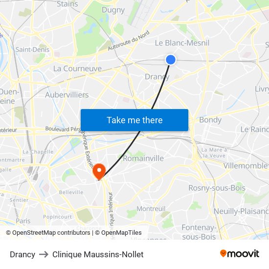 Drancy to Clinique Maussins-Nollet map