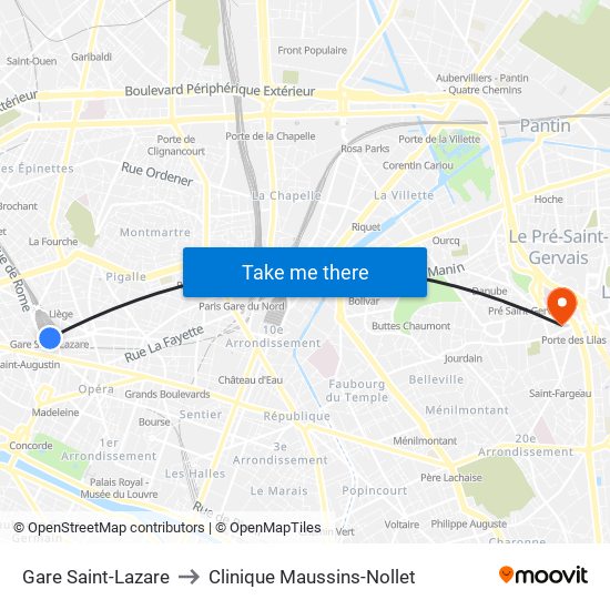 Gare Saint-Lazare to Clinique Maussins-Nollet map