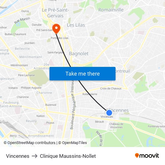 Vincennes to Clinique Maussins-Nollet map