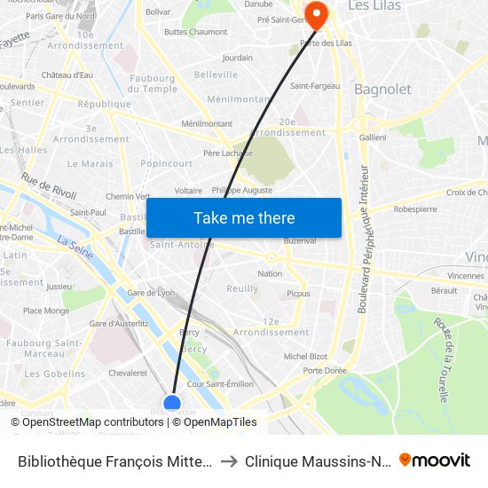 Bibliothèque François Mitterrand to Clinique Maussins-Nollet map