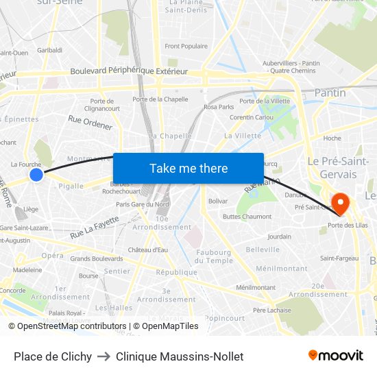Place de Clichy to Clinique Maussins-Nollet map