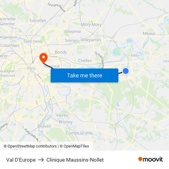 Val D'Europe to Clinique Maussins-Nollet map